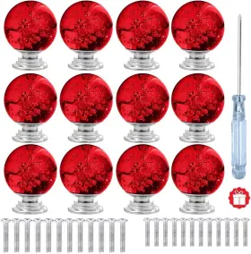 Red-12 Anjuu 12 Pcs 30mm Round Shape Bubble Crystal Glass Cabinet Knobs With Screws Red