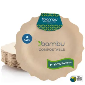 064680 Bambu Pack Of 25-9 Inch Disposable Bamboo Plates Fancy Biodegradable Eco Fri