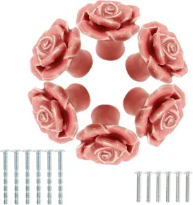 230627021 Bonsicoky 6 Pcs Pink Rose Drawer Pulls Ceramic Flower Knobs Decor Pieces