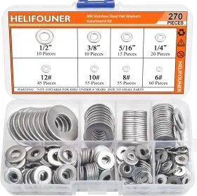 43398-26428 Brand Helifouner 270pieces 8 Sizes Stainless Steel Flat Washers Assortment Kit 1/2 3/8 5/16
