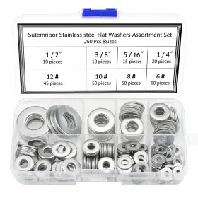 Str-260dianquan Brand Sutemribor 260 Pieces 8 Sizes Stainless Steel Flat Washers Kit