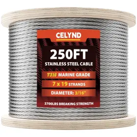 T316 Celynd 722549592135 Stainless Steel Cable For Railing - 250ft 3/16 Inch Wire Rope Silver