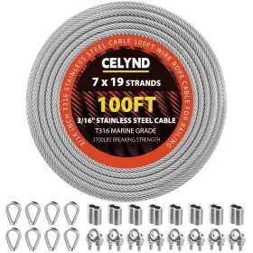 T316 Celynd 722549592142 Stainless Steel Cable For Railing - 100ft 3/16 Inch Wire Rope Silver