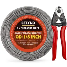 T316 Celynd 735812329512 Stainless Steel Cable For Railing - 100ft 1/8 Inch Wire Silver