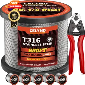 T316 Celynd 735812329529 Stainless Steel Cable For Railing - 600ft 1/8 Inch Wire Silver