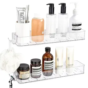 Ssz002 Cqunm 2 Pack Acrylic Shower Shelves Clear Bathroom Tray With Hooks Adhesive Wall