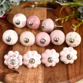 Fashionshopmart 732460544182 Set Of 12 Ceramic Knobs Vintage White And Pink Floral Door Pack