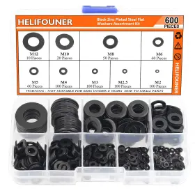 Helifouner 659499087872 600 Pieces 9 Sizes Black Zinc Flat Washers Assortment Kit