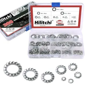 Hetw-300 Hilitchi 300-pcs 304 Stainless Steel External Tooth Star Lock Washers Assortment Kit -