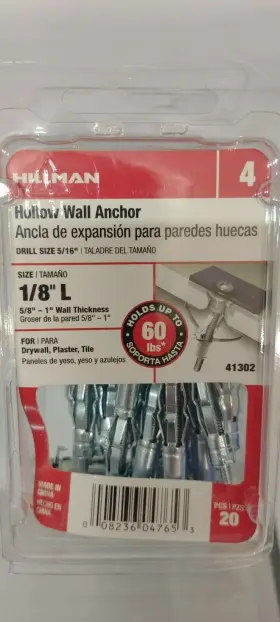 41302 Hillman Hollow Wall Anchor Ds 5/16 Inch Size 1/8 L 5/8 -1 Thickness