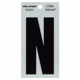839506 Hillman 6 Pack - Reflective Adhesive House Address Letter N Thin Cut Black Vinyl 3 Inch