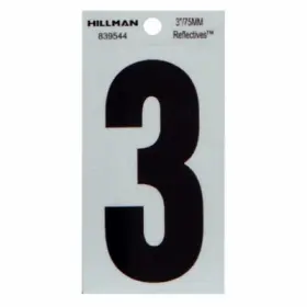839544 Hillman 6 Pack - Reflective Adhesive House Address Number 3 Thin Cut Black Vinyl Inch