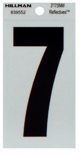 839552 Hillman 6 Pack - Reflective Adhesive House Address Number 7 Thin Cut Black Vinyl 3 Inch