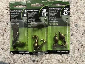 122212 Hillman Fasteners Push Pin Hangers Antique Brass 3-pk X 3- 10lb Max