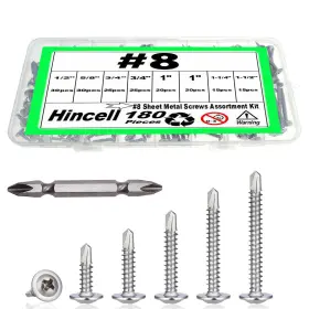 Hi250708002 Hincell 180pcs #8 Sheet Metal Screws Assortment Kit 410 #8-silver Silver