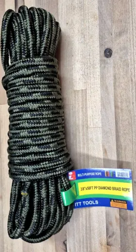92572 Itt 3/8 Inch X 50ft Pp Diamond Braided Rope Camping Multi- Purpose Green Camouflage