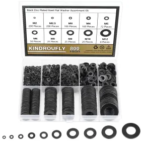 Kindroufly 749355455140 800 Pieces Black Zinc Plated Steel Flat M2 M2.5 M3 M4 M5 M6 M8 M10 M12