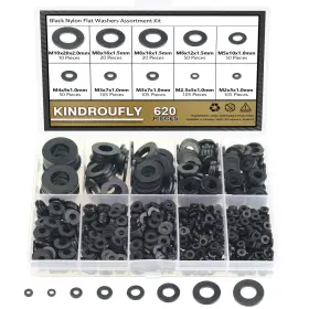 Kindroufly 749355456260 620 Pieces Nylon Flat Washers M2 M2.5 M3 M4 M5 M6 M8 M10 Black