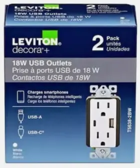 T5638 Leviton 2-pack 18w Decora Tamper-resistant Duplex Outlet With Usb-a And Usb-c Ports