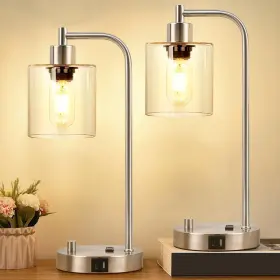 L200026g6 Lynnoland Set Of 2 Industrial Table Lamps With Usb C A Ports And Outlet Brushed Nickle