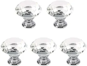 Godecor-05 Mdply 5 Pack Crystal Glass Cabinet Knobs-30mm Diamond Shape Pulls Handles For Clear