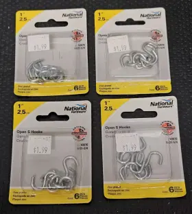 N121-574 National Hardware 4x V2076 Open S-hook 1 Inch Zinc Plated 6 Pk 24 Total