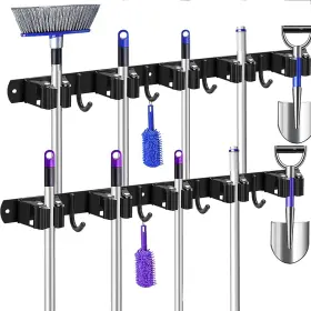 Pshk100 Nobrand Wall Mounted 2 Pack Mop And Broom Holder 4 Slots 5 Hooks Black