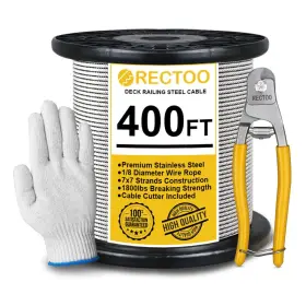 T316 Rectoo Sr07 400ft 1/8 Inch Stainless Steel Cable With Cutter 7x7 Strands Aircraft Wire