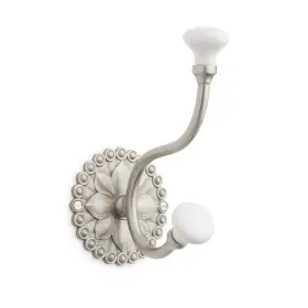 Mng-hk-05-sn Signature Hardware Beaded Floral Brass Double Hook With Porcelain Knobs - Brushed Nickel