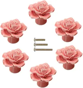 Sinyiol 768492479178 Ceramic Elegant Rose Flower Cabinet Knobs 6pcs Pink Vintage Kitchen