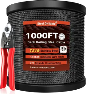 T316l Steel Dn Mate Bw-11 1000ft Black Wire Rope 1/8 Inch With Cutter