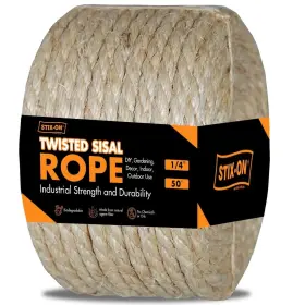 Sr145 Stix-on 197644868551 Twisted Sisal Rope 50ft X 1/4 Inch Twine Multipurpose For
