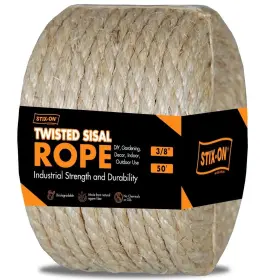 Stix-on 197644968015 Twisted Sisal Rope 50ft X 3/8 Inch Twine Multipurpose For