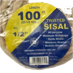 23-610 T W Evans Cordage Twisted Sisal Rope Super Quality 1800 Lb. 1/2 Inch By 100-ft Holds Knots Min Stretch