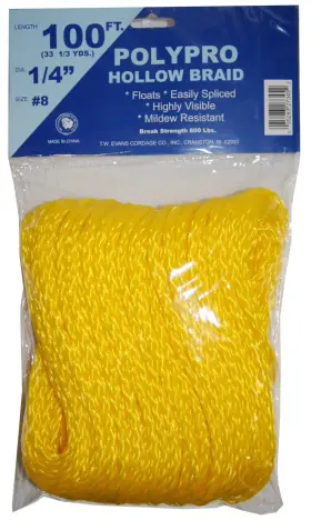 Hbpy8100 T.w . Evans Cordage 1/4-inch By 100-feet Hollow Braid Polypro Rope Yellow