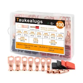 Hs0357-z Taukealugs 100pcs Battery Copper Terminal Connectors Cable Ring Lugs Kit Awg8 6 4 2 1/0