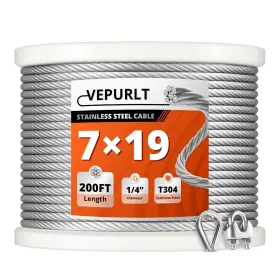 Vp-1-4200zc Vepurlt 200ft 1/4 Inch Thickened Stainless Steel Cable Wire Rope 7x19 Strand Aircraft