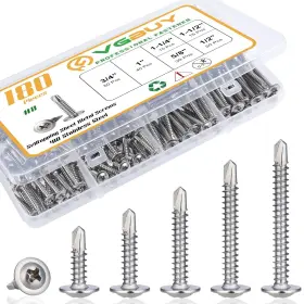 01215 Vgbuy 180pcs #8 Sheet Metal Screws Assortment Kit 410 Stainless Steel Self Silver