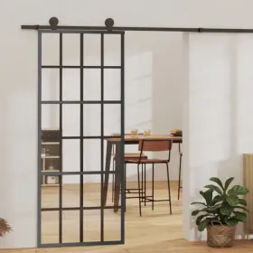 151020 Vidaxl Sliding Door Esg Glass And Aluminum 29.9 Inch X80.7 Black