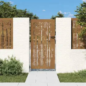 153236 Vidaxl Garden Gate 33.5 Inch X68.9 Corten Steel Bamboo Design