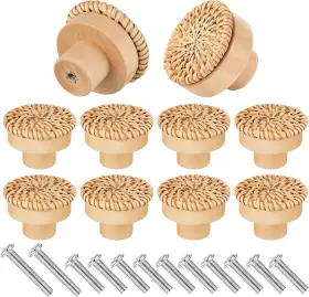 Yhntgb 717015885040 10pcs Boho Rattan Cabinet Knobs Natural Wood Drawer Pulls Original Color