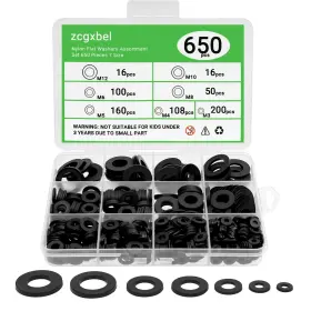 Zl00001-650 Zcgxbel 650-pieces Nylon Flat Washer M3 M4 M5 M6 M8 M10 M12 Millimeters Black