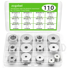 Zl00002-650 Zcgxbel 110 Pcs 304 Stainless Steel Metal Flat M3 M4 M5 M6 M8 M10 M12 Silver