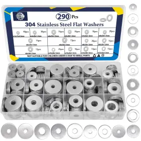 Fw-290 Zqz 290pcs Flat Washers 304 Stainless Steel 15 Sizes 290 Pieces Silver