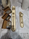 Signature Hardware Marconi Entrance Set - Lever Handle, Left Hand, Satin Brass Open. Price: $250.00.