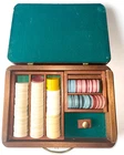 Vintage Clay Poker Chips Old Wood Case Some Casino, Anchor, Bowling & Plain Used. Price: $99.00.
