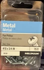 Hillman Zinc #10 X 3/4 Pan Head Phillips Metal Screws, 75 Pack New. Price: $11.43.