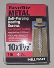 Hillman Fas-n-tite Metal Self-piercing Roofing Screws Beige Exterior 10" X1-1/2" New. Price: $19.95.