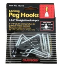 Crawford Locking Peg Hooks 1=1/2" Straight 6 Pcs Item No. 18215 New. Price: $14.00.