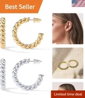 Elegant 25MM Twisted Rope Hoop Earrings 14K Plated Gold - Secure Latch Back New. Price: $47.99.